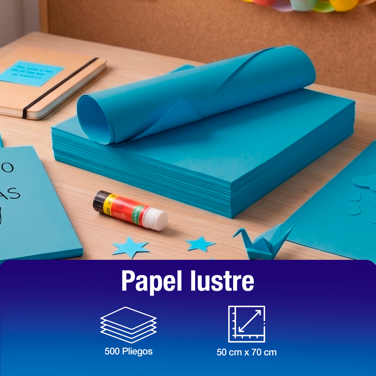 Papel Lustre Azul Turquesa 50x70 cm | Caja 500 hojas