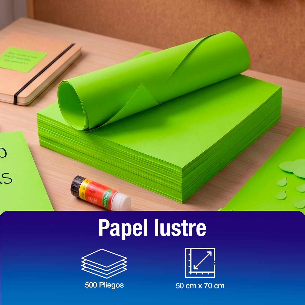 Papel Lustre Verde Limón 50x70 cm | Caja 500 hojas